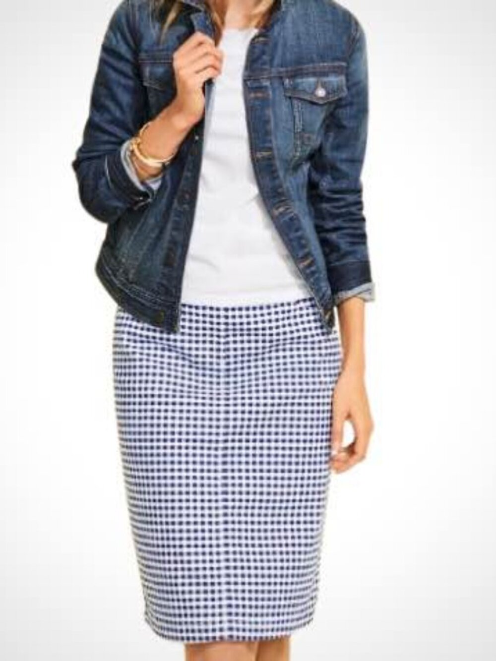 Talbots Blue Gingham Plaid Knee Length Denim Skirt | Coastal Casual [size 2]
